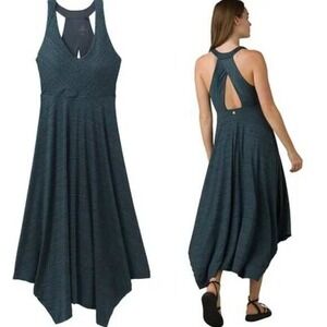 PrAna Blue Printed Handkerchief Hem Saxon Midi Dress Large Boho Athleisure